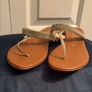 Gold and Tan T-Strap Sandals with Embellished Design